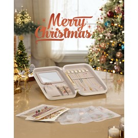 SONGMICS HOME Jewelry Organizer Box with Mirror, Travel Jewelry Case, Jewelry Pouch, Woven Embossed PU Leather, Hard Shell, Large Capacity, Christmas Gifts for Girls and Women, Cloud White UJBC204W01