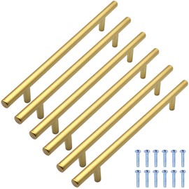 lyualma Pack of 6 Furniture Handles, 160 mm, T Cabinet Handle, Drawer Handles, Aluminium Alloy for Kitchen, Drawer, Cabinets, Home, Office Decoration - Gold
