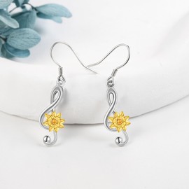 Music Note Earrings 925 Sterling Silver Sunflower Treble Clef Dangle Drop Earring Music Note Jewelry Birthday jewelry for Women Music Lover