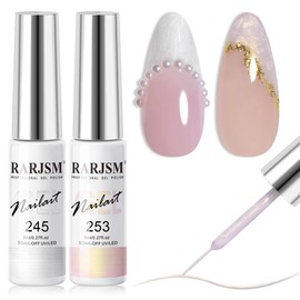 RARJSM Pearl Gel Liner Nail Art 2 Pcs Set Pearlescent Milky White Light Purple Golden Shell Glitter Swirl Effect Gel Nail Polish 8ml Build in Thin Brush Painted Striper Gel Polish Curing Requires