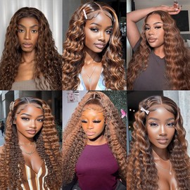 Dokksiiia Light Brown Ombre Bundles Human Hair P4/30 Deep Wave Bundles Highlight Chocolate and Light Brown Piano Weave Brazilian Remy Human Hair Sew-In Extensions 24 26 28 Inch