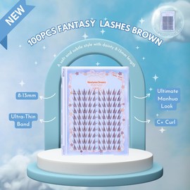 Ninetynine Dreams 100PCs Fantasy - Brown False Eyelash Manhua Anime Manga Lashes Clusters Lightweight Comfortable Thin Black Band Spiky Reusable Eyelashes 8-13mm