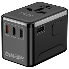 VYLEE European Travel Plug Adapter, 45W Universal Power Adapter with PD Fast Charging, 5-Port (1 AC/1 USB-A/3 USB-C) International Charger Adapter for Europe, Japan - Travel Essentials (Black)