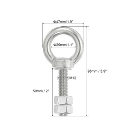 PATIKIL Lifting Shoulder Eye Bolts, 2 Pack M12x50 Screw Bolt 304 Stainless Steel Eye Bolts Threaded Screw Eyebolt Shoulder Ring with Double Nuts Fixed for Lifting Hanging