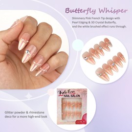 Handmade Press on Nails with Glue Handcraft Shimmery Pink Tips with Pearl Edging & 3D Crystal Butterfly, Medium Almond Shape 10pcs (Butterfly Whisper - M)