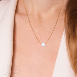 White Opal Necklace For Woman – 14K Gold Filled 16 Inch Wire Cable Chain + 2 Inch Extender – Thin Cute Cable Wire White Opal Jewelry