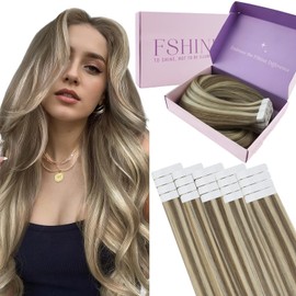 fshine Tape in Hair Extensions 20 Inch 50g Light Brown Highlighted with Platinum Blonde Tape in Human Hair Extensions Straight Tape in Remy Hair Extension Skin Weft 20pcs