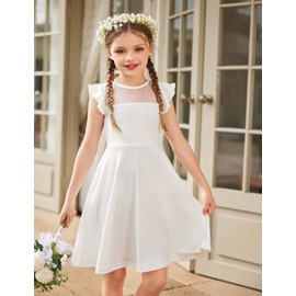 Arshiner Girls Dress Summer Ruffle Sleeve Mesh A Line Casual Party Dresses with Pockets 6-13 Years White