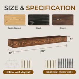 YLYHSST 60" Fireplace Mantel, 5'' Thick Handmade Hollow Solid Wood Wall Long Floating Shelf with Invisible Wood Brackets, Brown