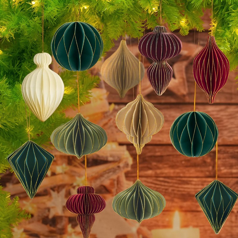 12Pcs Christmas Paper Honeycomb Ornaments for Tree, 3D Glitter Edge