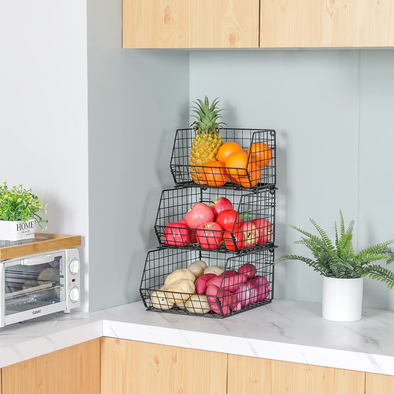 X-cosrack 3-Tier Stackable Wire Baskets for Pantry Organization and Storage,