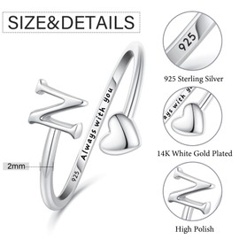 Ritach Silver Initial Rings for Women,Sterling Silver Plated Heart Stackable Rings Adjustable Letter N Rings for Trendy Birthday Valentine Gifts Jewelry(N)