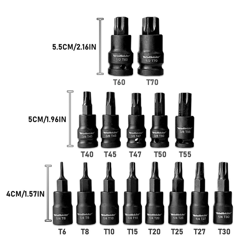 WinHolder 15pc Impact Torx Bit Socket Set 1/4" 3/8" 1/2"