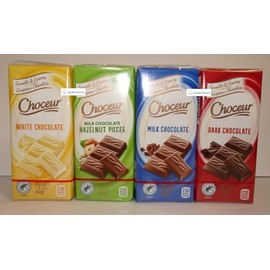 Choceur White Chocolate, Milk Chocolate Hazelnut Pieces, Milk Chocolate, Dark Chocolate 7oz 200g (4 Small Bars)