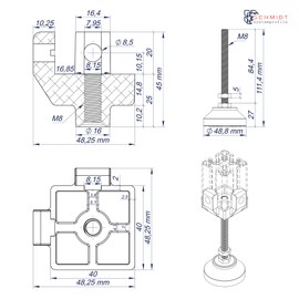 SCHMIDT systemprofile 4x Foot Connectors 40 x 40 mm Slot 8 Adjustable Foot M8 Height-Adjustable Levelling Foot Stand Aluminium Profile Accessories