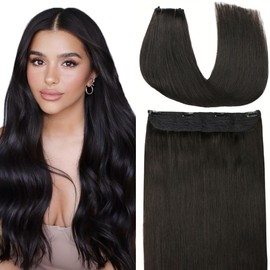 VINBAO Wire Human Hair Extensions With Invisible Fish Line Natural Black Human Hair Extensions 18inch 85g Adjustable Size 4 Secure Clips (wire#1B-18inch)