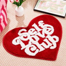 ELDONE Self Love Club Rug Heart Shaped - 37"x29" Cute Bath Mat Non Slip, Funky Aesthetic Groovy Small Accent Rugs for Bedroom Bathroom, Girls Preppy Room Decor, Red Heart Rug
