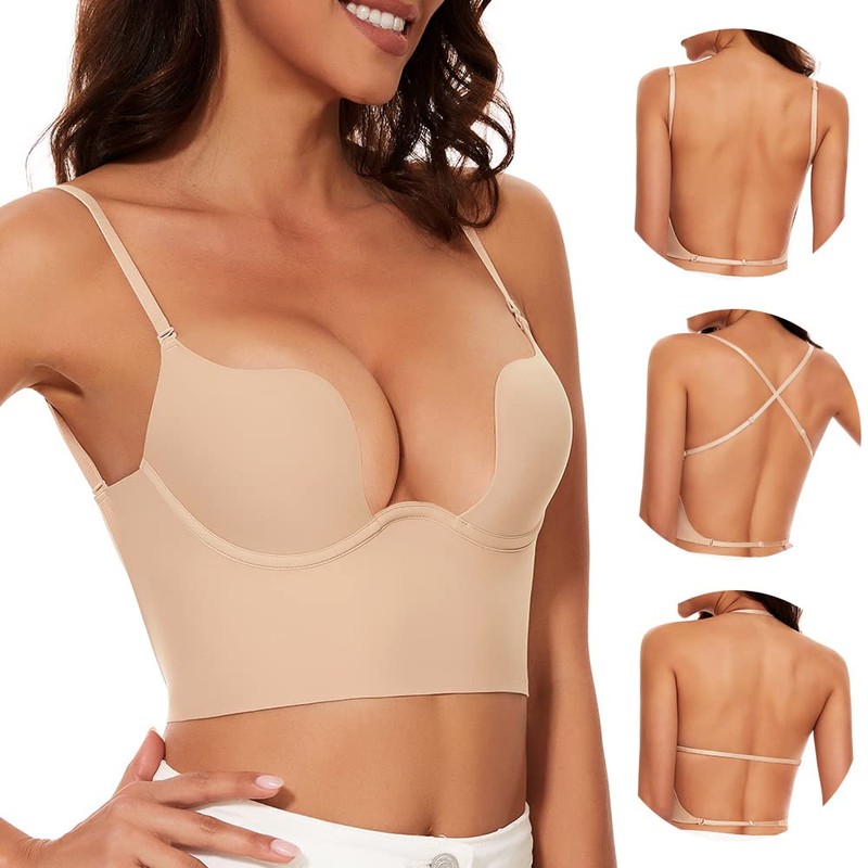 Willuhwisly Women Low Back Bra-Multiway Deep U Plunge Seamless Backless
