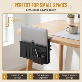 JollyDesk Desk Side Storage, Steel Side Desk Organizer, Clamp on Laptop Mount with Magnetic Pen Holder, No Drill Under Desk Laptop Holder, Table Hanging Storage for Home & Office Organization – Black