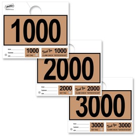 3000 Automotive 3 Part Service Dispatch Numbers Mirror Hang Tags Numbered 1000, 2000, 3000 RL78 Style Color Coded Tan Service Dispatch Numbers with 1.25” Slotted Hang Tag Cutout
