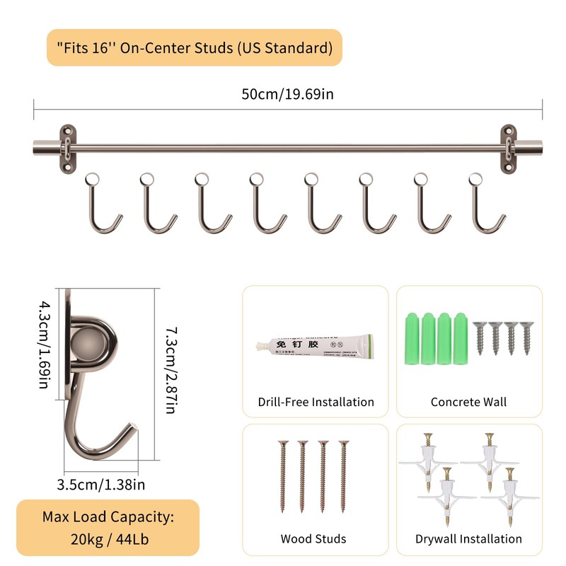 Funnacle 20" Kitchen Utensil Rack with 8 Sliding Hooks, 304