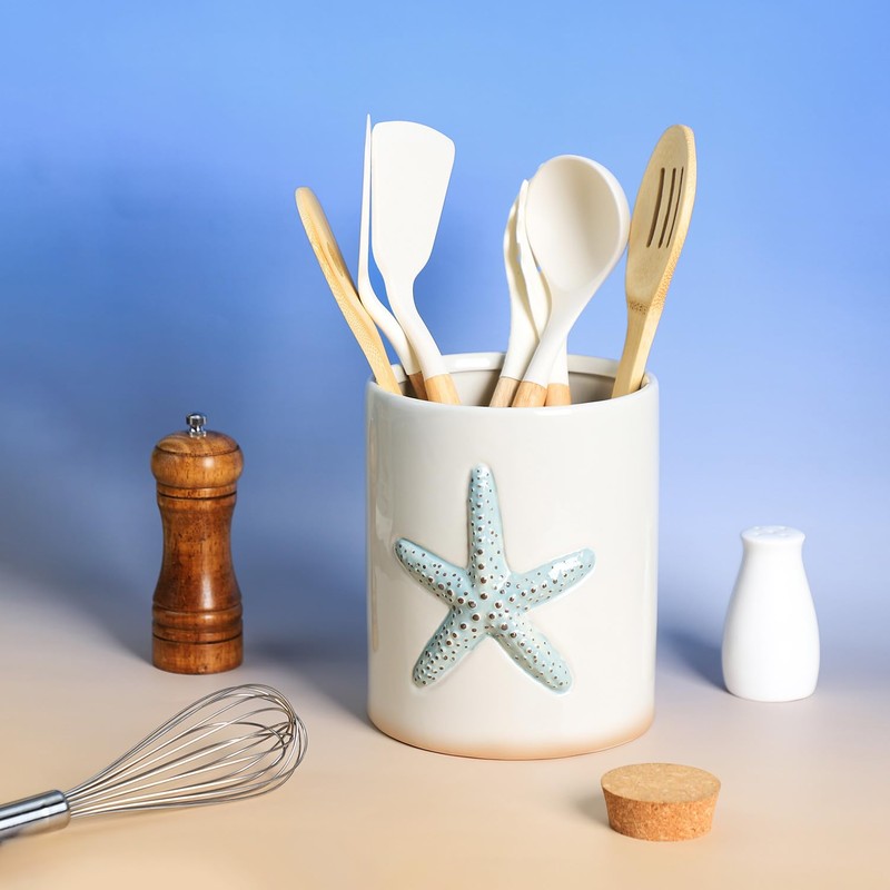 Bicuzat Ceramic Starfish Embossed Utensil Holder, Large Cooking Utensil Crocks