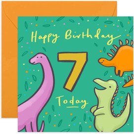 Old English Co. Happy 7th Birthday Dinosaurs Card - Square Seventh Birthday Wishes Card | Suitable for Baby, Son, Daughter, Child | Blank Inside & Envelope Included