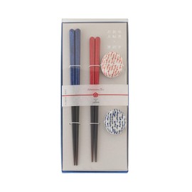 Afternoon Tea Living HC86 Wakasa Lacquer Antibacterial Couple Chopsticks & Mino Ware Chopsticks Rest Set, Blue