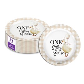 One Silly Goose First Birthday - 32 Piece Disposable Party Supplies - Decorations for Gingham 1st Birthday Round Party Plates - Large 9" Paper Plates In Bulk