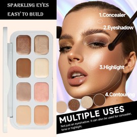 8-Color Eyeshadow & Concealer Palette with Brushes – Cream Formula, Highly Pigmented, Long-Lasting, Multi-Use for Shimmer and Matte Makeup, Works as Highlighter & Contour