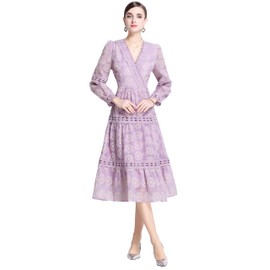 LAI MENG FIVE CATS Women's Lace Lantern Sleeves V-Neck Embroidery Hollow Solid Color Flowy Midi Dress,Purple,Medium