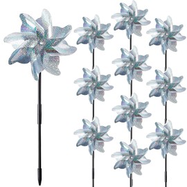 10 Pieces 21 Inches Silver Reflective Pinwheels with Stakes, Windmill Wind Spinners for Outdoor Garden Lawn Yard Decor, Christmas Decoration, Large Foil Pin Wheels for Bird and Animal Deterrent