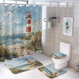 TIKRBMLB 4Pcs Vintage Lighthouse Shower Curtain Set with Toilet Lid Cover U-Shaped Mat and Non-Slip Rugs, Coast Seagull Sailboat Plant Shower Curtain Bathroom Decor Set, 72" X 72"