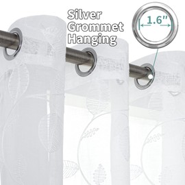 BGment White Sheer Curtains 84 Inches Long 2 Panels - Embroidered Leaf Pattern Semi Sheer Curtains Light Filtering Grommet Window Drapes for Living Room, Each Panel 52 x 84 Inch