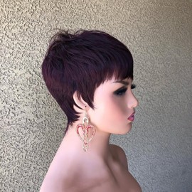 PangDongLai Pixie Cut Human Hair Wig Short Layered Style Black 99J Color for Summer Daily Wear Short Human Hair Wigs for Black Women Lightweight No Glue Easy to Throw on and go Wig
