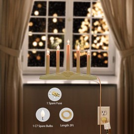 1 Pack Electric Window Candle Lamp, 5 Light Christmas Candle Lamp Lvory Base with 6 C7 Clear Bulbs(1 Spare Bulb), 5 Watt Incandescent Lights, Candle Lamp Plug in and Ready to Use, 3Ft Cord