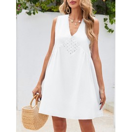 Wenrine Womens Summer Sleeveless Cotton Mini Dress Casual Loose Lace V Neck A Line Flowy Babydoll Dress White