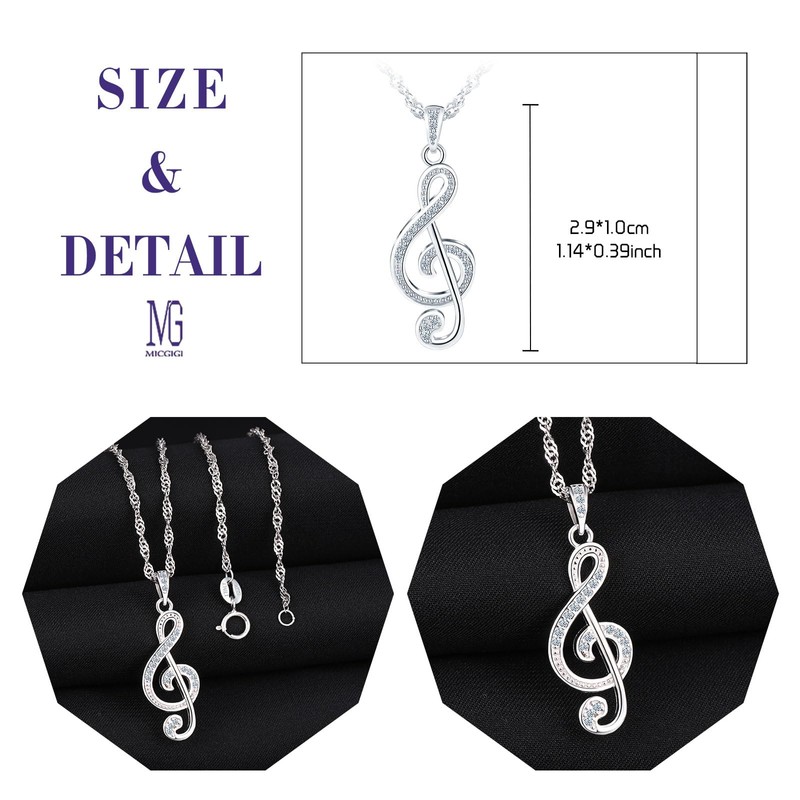 MICGIGI Women's 925 Sterling Silver Necklace Music Note Shape Cubic