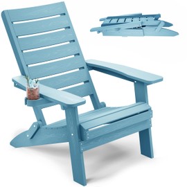 YEFU Adirondack Chair, Folding Adirondack Chairs with Arc Back & Cup Holder, Weather Resistant Plastic Oversized Chair for Outdoor Patio Lawn Garden Backyard Deck Fire Pit, Blue