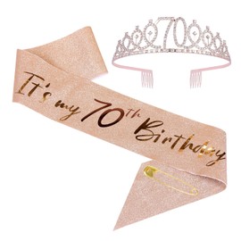 JasperKino 70th Women Birthday Sash and Tiara Set Rose Gold Sash Crown Party Favors Supplies for Women Party