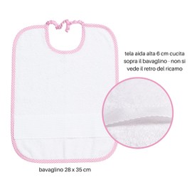 Filet - Set of 3 Nursery Bibs with Elasticated White Sponge with Aida Embroidery and Pink Checked Trim