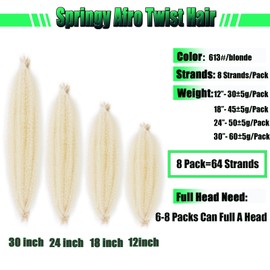 8 Packs 613 Spring Twist Hair 24 Inch Pre Fluffed Pre-Separated Springy Afro Twist Hair Marley Twist Braiding Hair Synthetic Wrapping Hair For Soft Locs Faux Butterfly Braids Passion Twist