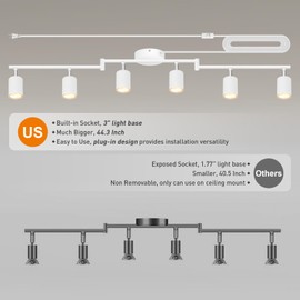Plug in Track Lighting LED, Track Lighting Fixtures Ceiling, White 6-Light Kitchen Light Kit, Plug in Wall Light with 14.8ft Power Cord, Rotatable Ceiling Spotlight for Bedroom(GU10 Socket, NO Bulb)