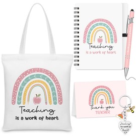 Sinmoe 5 Pcs Teacher Appreciation Gifts for Women Canvas Tote Bag Inspirational Notebook Ballpoint Pen Motivation Keychain Thank You Card Leaving Gifts for Teacher Assistant(Rainbow)