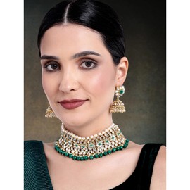 Aheli Elegant Indian Traditional Wedding Wear Kundan Pearl Encrusted Choker Necklace Set with Jhumki Earrings Ethnic Bollywood Party Gift for Women