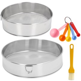 2PCS Stainless Steel Flour Sifter (6-8 Inch) + 5PCS Tablespoon Measuring Spoon + 1PCS Cleaning Brush, 60 Mesh Fine Mesh Filter Round Sieve, Hand-Operated Baking Flour Strainer for Household Use