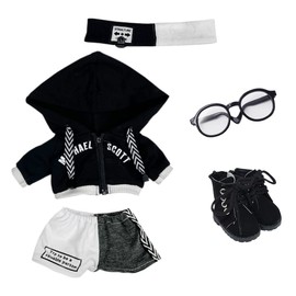 niannyyhouse 20cm Plush Doll Clothes Loose Black and White Suit Headwear Hoodie Pants Glasses Shoes Doll Dressup (Black, 20cm)