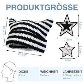 ZOCONE Hat with Ears, Cat Beanie, Women's Hat, Cat Ears, Knitted Hat with 2 Star Embroidery Stickers, Winter Warm, Stretchy Winter Hat for Women (Black and White), Black and White