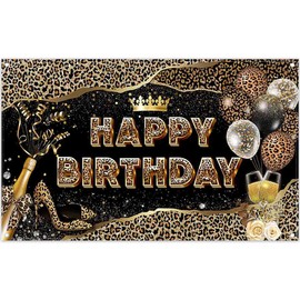 ZTHMOE 72x43inch Leopard Print Happy Birthday Photography Backdrop Black Gold Glitter Balloons Champagne Background Rose Cool Celebration Party Decoratins Photo Booth Props
