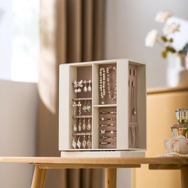 pickpiff Jewelry Box Organizer for Women: 360 Rotating Vertical Storage Case, Ivory Leather with Pink Velvet, Ring Necklace Bracelet Holder, Gift Decor, 10 x 8.7 x 3.9 in